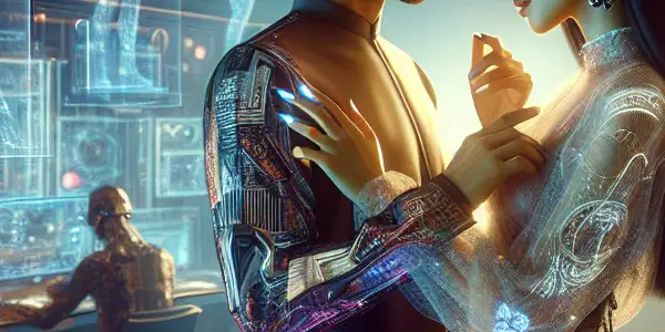 A futuristic couple in a neon-lit room, engaged in intimacy amid advanced technology and holographic displays.