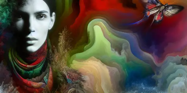 A confident female figure embodies desire amidst vibrant, chaotic elements representing the food chain in a surreal environment.