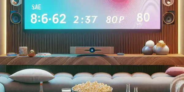 A cozy living room scene highlighting adult contraception, featuring emergency pills, condoms, and a large screen with abstract visuals.