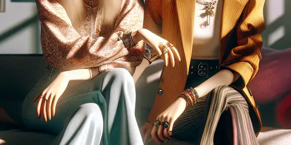 Two diverse female friends share an intimate moment in a stylish apartment, highlighting their emotional bond and underlying desire.