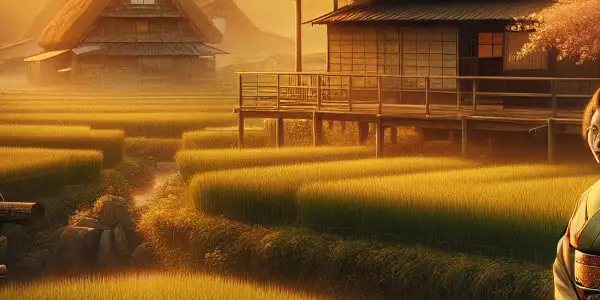 A serene Japanese countryside with a village woman in a kimono, surrounded by rice fields and cherry blossoms at sunset.