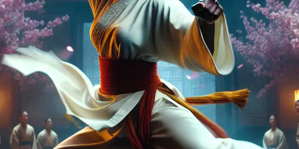 A fierce female martial artist in traditional Wing Chun attire, poised in action amid cherry blossoms in a dojo.<a href=