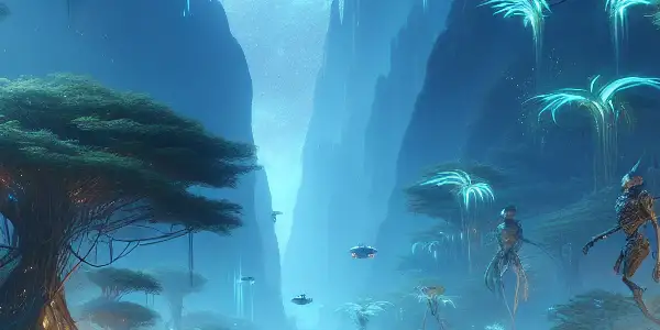 A vibrant bioluminescent jungle on Pandora, featuring Na'vi and human explorers in a moment of connection.