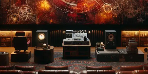 A cozy, dimly lit home theater filled with plush seating, vintage movie posters, and abstract cinematic visuals.