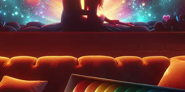 A cozy room with a couch, large screen, condoms, popcorn, and drinks, promoting safe enjoyment of Japanese AV films.