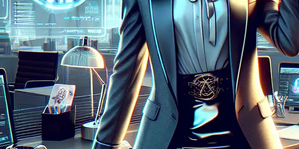 A confident virtual assistant in a modern office, surrounded by holographic screens and stylish decor.