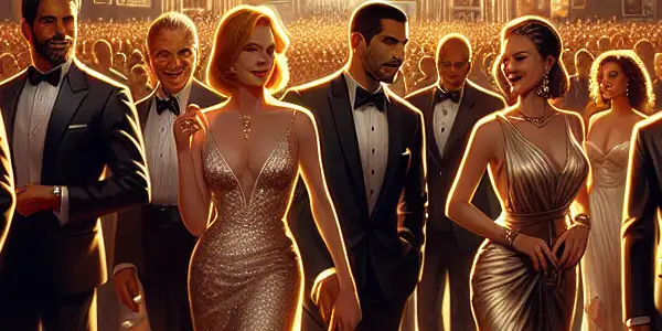 A glamorous Hollywood film premiere with diverse stars, romance, and cultural hints of adult themes.