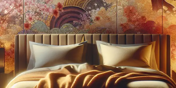 A cozy, intimate bedroom setting featuring a plush bed and abstract representations of adult film visuals.