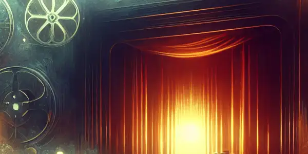 An intimate, dimly lit film set with ethereal figures and scattered scripts, evoking cinematic storytelling and allure.