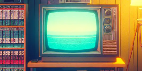 A cozy retro viewing room from the late 80s, featuring vintage decor, snacks, and classic VHS tapes.