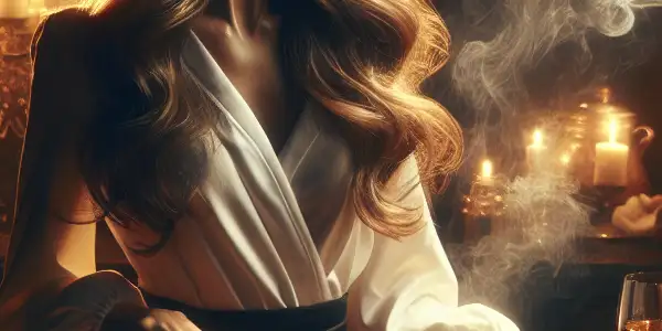 A female chef elegantly prepares exquisite dishes in a warm, romantic kitchen filled with vibrant ingredients.