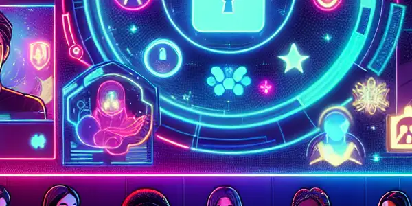 A vibrant, neon-lit virtual gaming environment featuring diverse characters engaging with interactive adult content.