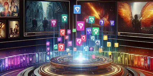 A modern digital interface displaying various adult film genres in a dimly lit, intimate room.