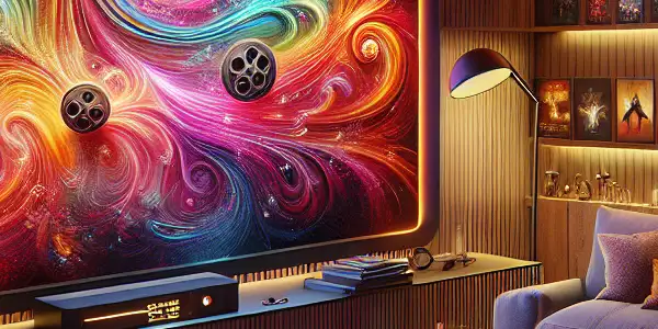 A cozy modern living room designed for adult-themed cinematic experiences, featuring plush seating and a vibrant screen.