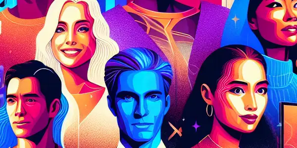 A diverse group of confident, voluptuous figures in a digital setting, celebrating adult entertainment and empowerment.