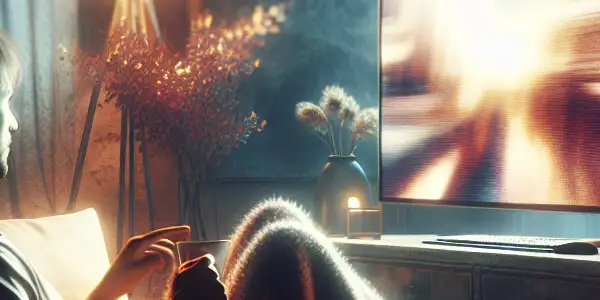 A cozy, intimate setting with a person enjoying adult content on a computer in a dimly lit room.