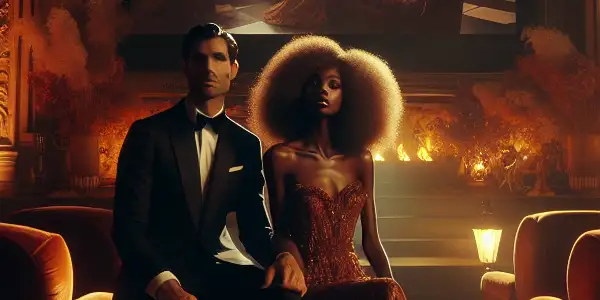 A romantic couple in a lavish, dimly lit cinema, exuding passion and intimacy amidst vintage decor.