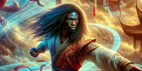 A young martial artist in traditional attire battles a fantastical alien creature amidst swirling magical symbols in a surreal landscape.