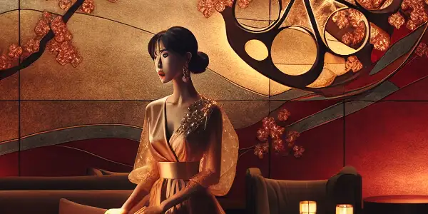 A stylish Korean woman exuding confidence in a vibrant, dimly lit film set with luxurious decor and traditional Japanese motifs.