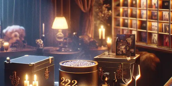 A cozy, dimly lit room featuring an elegant lottery setup with enticing adult-themed prizes and a warm, inviting atmosphere.