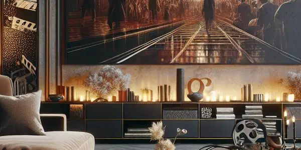 A modern living room featuring a stylish sofa, ambient lighting, and a screen displaying Japanese adult film memorabilia.