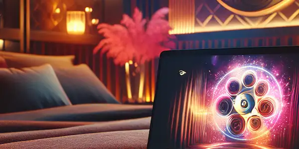 A cozy, modern bedroom with a plush bed and a laptop displaying vibrant streaming media, evoking relaxation and privacy.