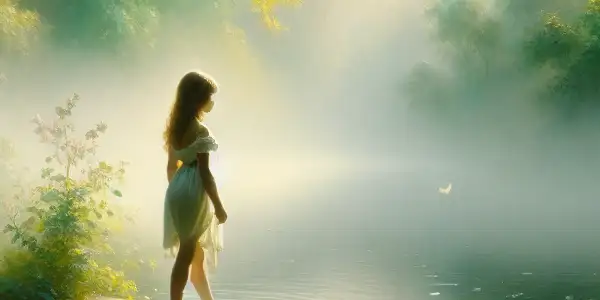 A young girl stands by a misty lake, surrounded by greenery, symbolizing her journey of self-discovery.