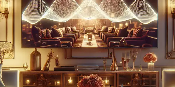 A modern living room featuring a large TV displaying an adult film, surrounded by stylish furniture and soft lighting.