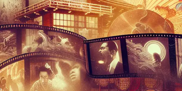 A nostalgic film reel reveals vibrant scenes of classic K8 Japanese adult films in a traditional theater setting.