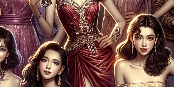 A glamorous film set featuring diverse actresses in elegant outfits, exuding confidence and allure amidst a seductive atmosphere.