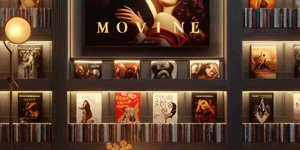 A luxurious film library featuring adult film DVDs, plush seating, ambient lighting, and a large screen displaying a romantic scene.