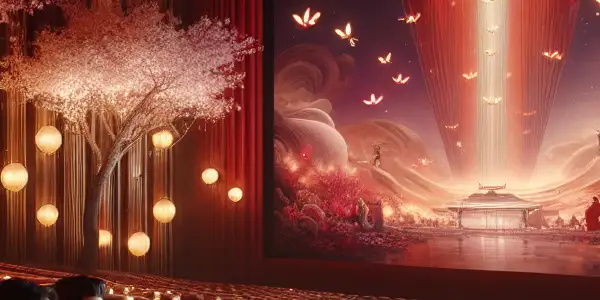 A luxurious cinema setting with plush seats, a large screen, and an engaged audience enjoying an intimate cinematic experience.