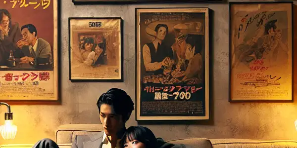 A nostalgic movie night scene featuring a couple on a retro sofa, surrounded by vintage film elements and warm lighting.