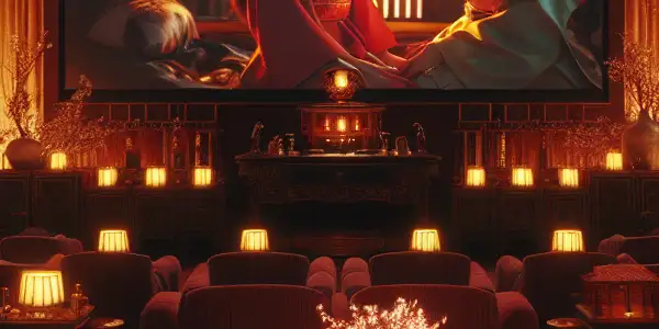 Cozy living room with a large screen displaying artistic scenes from Japanese adult cinema, evoking romance and sophistication.