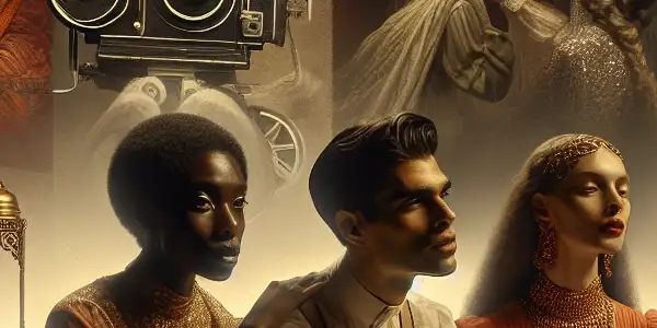 A sophisticated film set featuring diverse actors in elegant poses, celebrating the beauty of the human form.