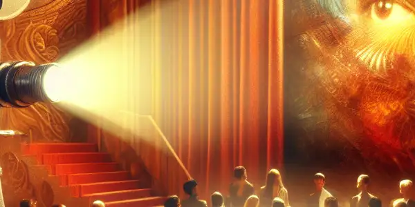 A film set blending classic and modern elements, featuring diverse individuals discussing adult entertainment amidst warm, inviting lighting.