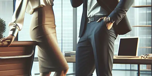 A confident female secretary and her charismatic male boss share a flirtatious conversation in a modern office.