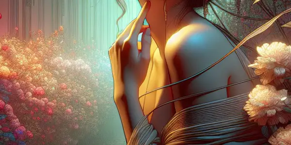 A contemplative woman in a blooming garden, surrounded by pink and red flowers, embodying beauty and desire.