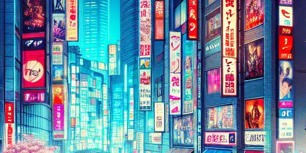 A vibrant urban scene in Japan showcasing young adults engaging with R18 films and AV culture amidst neon lights.