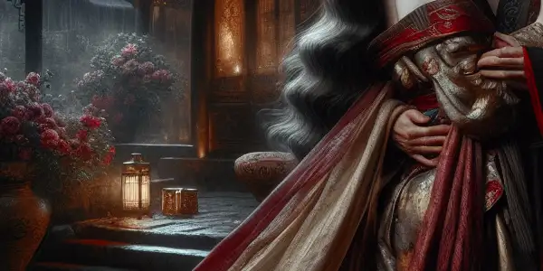 A romantic couple in traditional Chinese attire embraces under a moonlit sky, surrounded by lush gardens and intricate architecture.