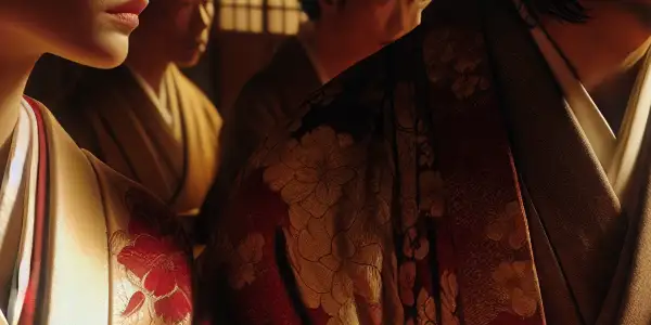 A dramatic scene depicting emotional tension between elegantly dressed characters in a traditional Japanese setting.
